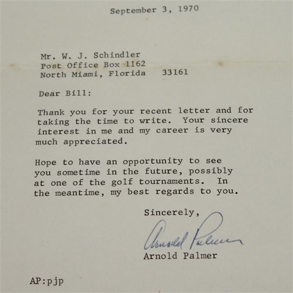 Arnold Palmer Signed 1970 'Arnold Palmer Enterprises' Letter with Envelope JSA ALOA