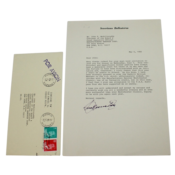 Seve Ballesteros Signed 1985 'Severiano Ballesteros' Letter with Envelope JSA ALOA