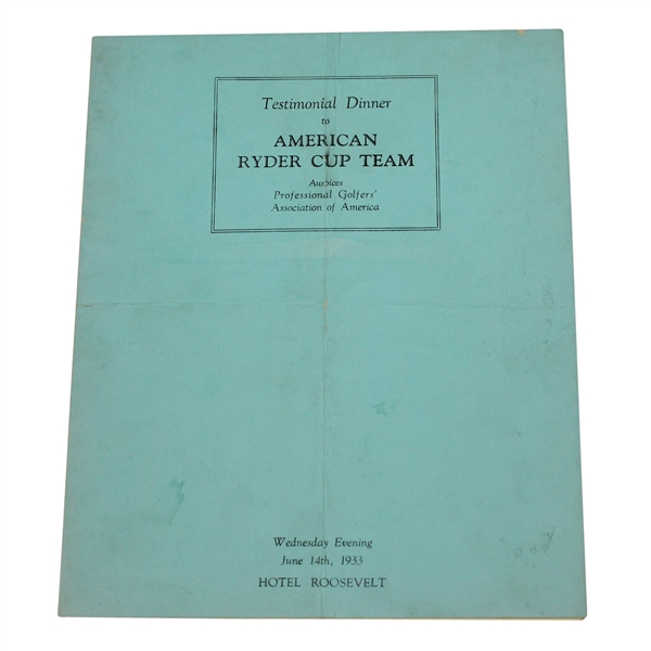 1933 American Ryder Cup Team Testimonial Dinner Menu Signed by Runyan & Shute JSA ALOA
