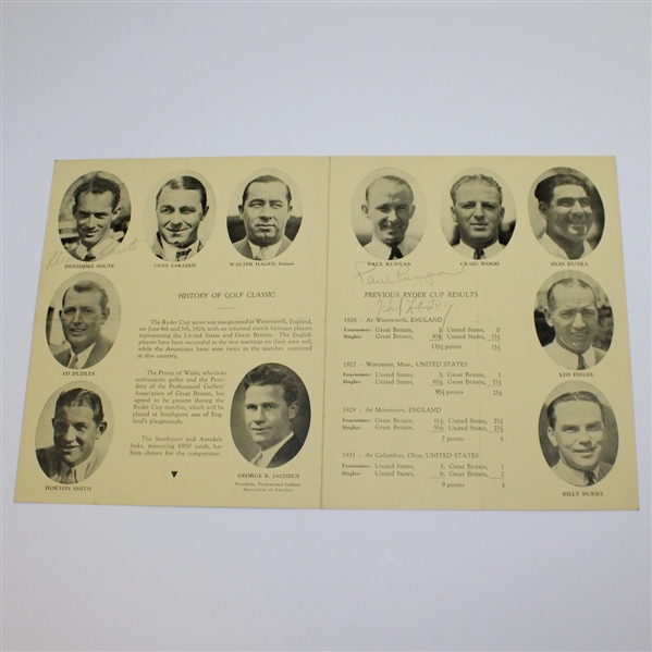 1933 American Ryder Cup Team Testimonial Dinner Menu Signed by Runyan & Shute JSA ALOA