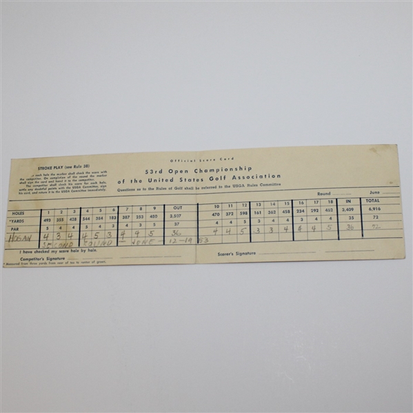 1953 US Open at Oakmont CC Official Score Card - Hogan's 2nd Rd Score Filled Out