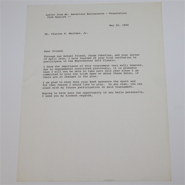 Seve Ballesteros Signed 1980 Letter on Personal Spanish Letterhead with Envelope JSA ALOA