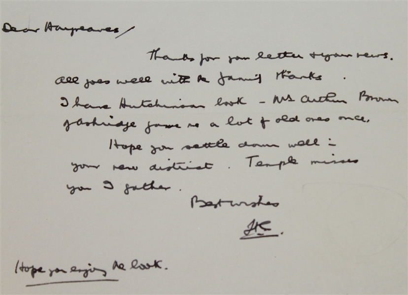 Henry Cotton Handwritten Note on Letterhead - Signed Simply H.C. JSA ALOA
