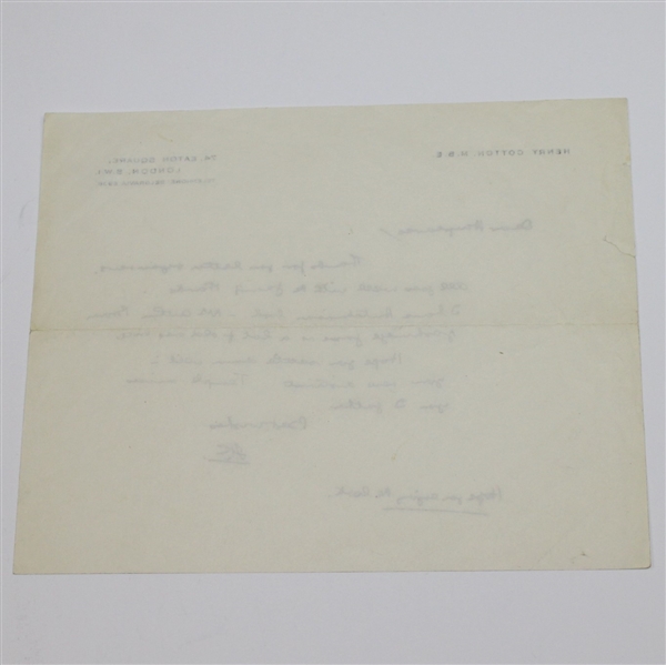 Henry Cotton Handwritten Note on Letterhead - Signed Simply H.C. JSA ALOA