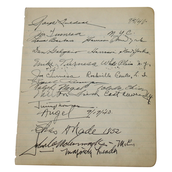 1940 Multi-Signed Sheet with Ralph Guldahl (Masters & U.S. Open Champ), Paul Runyan, Turnesa's, and others JSA ALOA