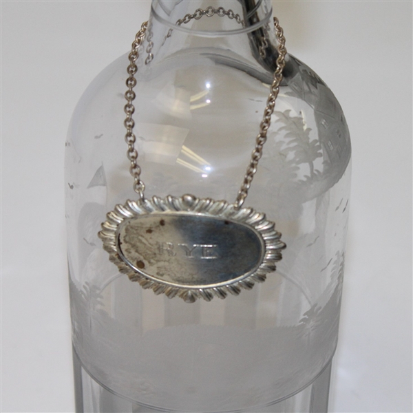 1920's Glass Decanter with Sterling Silver Locking Cap with Key & 'Rye' Plaque with Chain