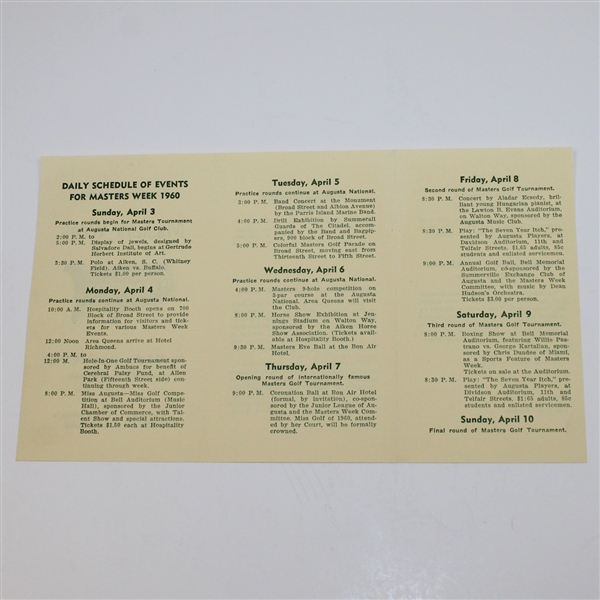 1960 Masters Week Schedule of Events Pamphlet