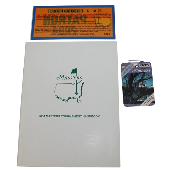 2004 Masters Tournament Handbook, Low Masters Badge, & Parking Pass