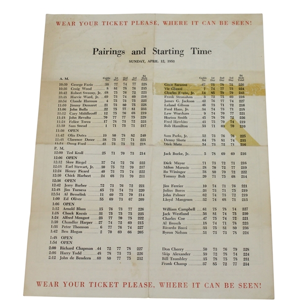 1953 Masters Sunday Pairing Sheet