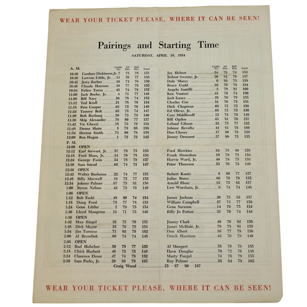 1954 Masters Saturday Pairing Sheet