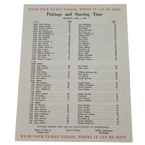 1956 Masters Thursday Pairing Sheet