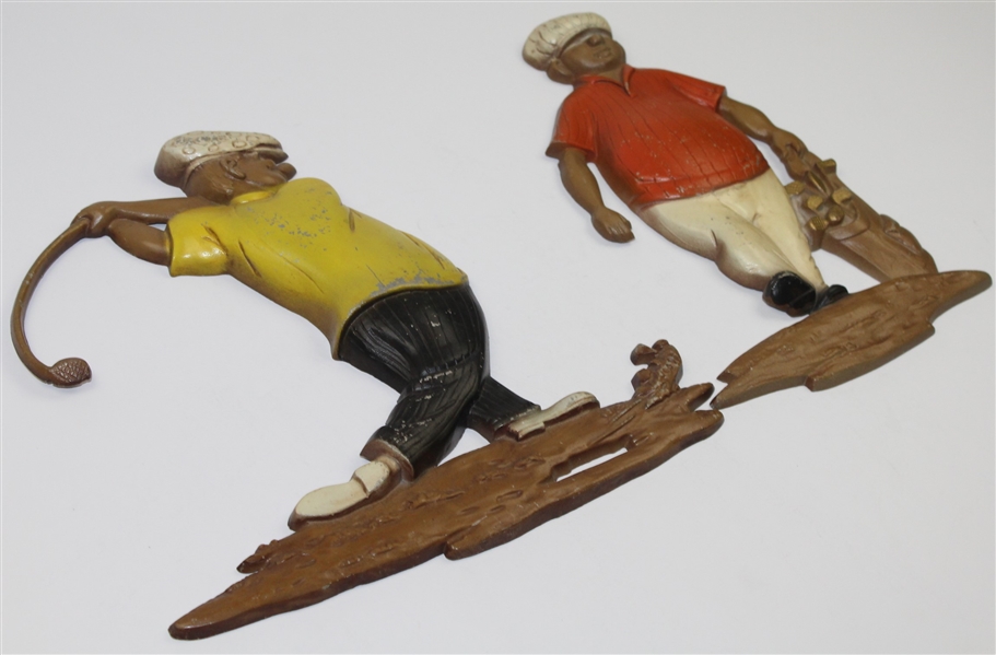 Lot of Two Sexton 1967 Cast Alluminum Wall Decor Golfers - Swinging & Carrying Bag