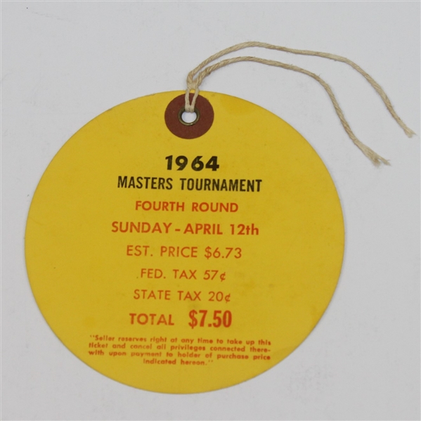 1964 Masters Tournament Sunday Ticket #3932 - Palmer Final Masters Win - Excellent Condition