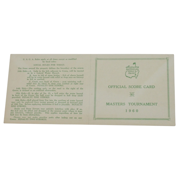 1960 Masters Tournament Official Scorecard - Palmer 2nd Masters Win