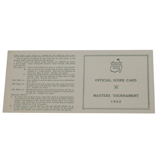 1962 Masters Tournament Official Scorecard - Palmer 3rd Masters Win