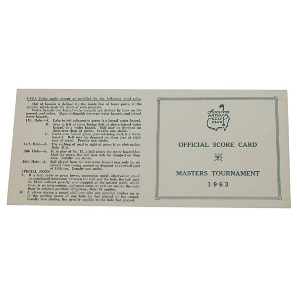 1963 Masters Tournament Official Scorecard - Nicklaus 1st Masters Win