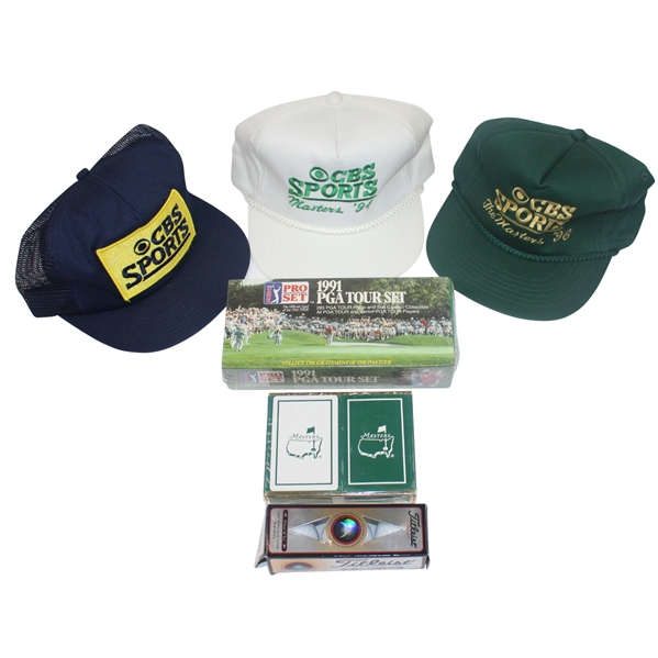 3 CBS Hats ('94 & '96 Masters), 1991 Pro-Set Card Set, Masters Playing Cards, and 3 Masters Golf Balls