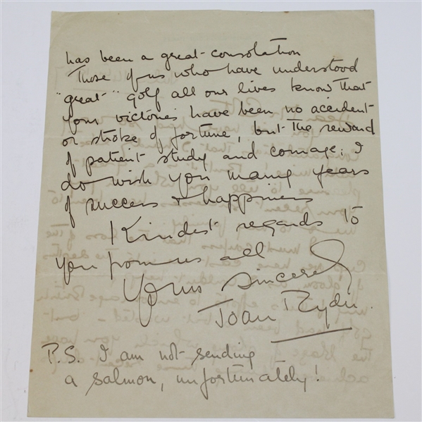 Joan Ryder Handwritten Letter to Henry Cotton - 7/14/1937 - Ryder Cup & Open JSA ALOA