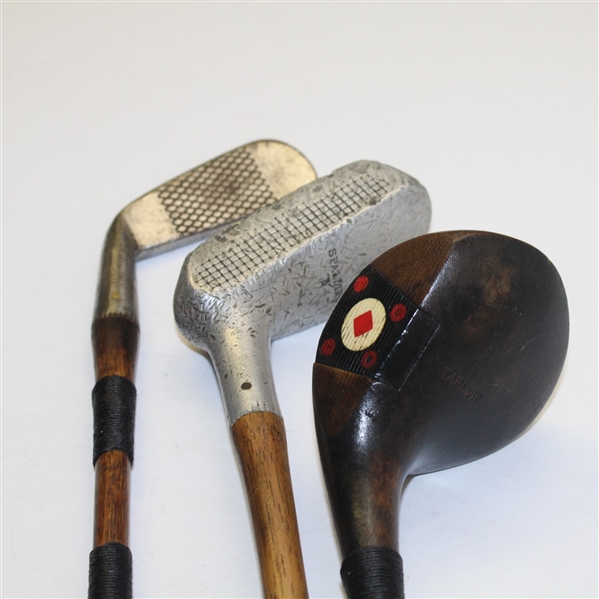 Three Golf Clubs: Taplow Wood, G.S. Sprague Cleek, & Spalding Aluminum Putter