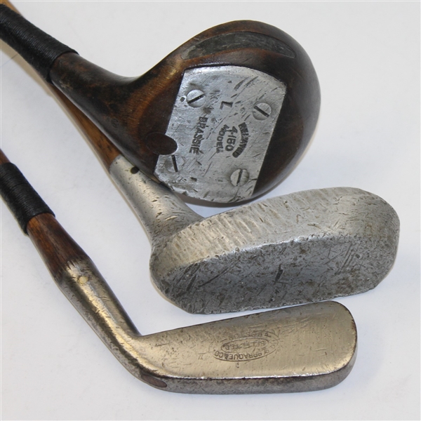 Three Golf Clubs: Taplow Wood, G.S. Sprague Cleek, & Spalding Aluminum Putter