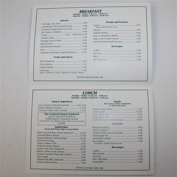 2005 Masters Tournament Clubhouse Menu - Tiger Woods Winner