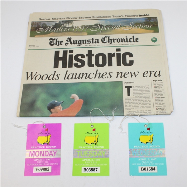 1997 Masters Edition Monday Augusta Chronicle Newspaper with 3 Practice Rd Tickets