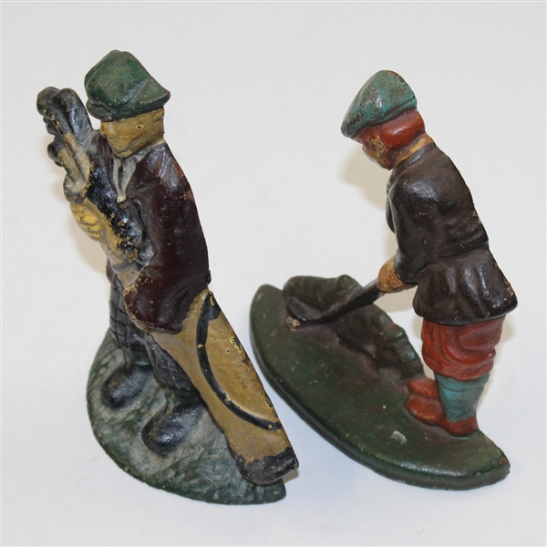 Pair of Vintage Golfer and Caddy Cast Iron Door Stop/Bookends 