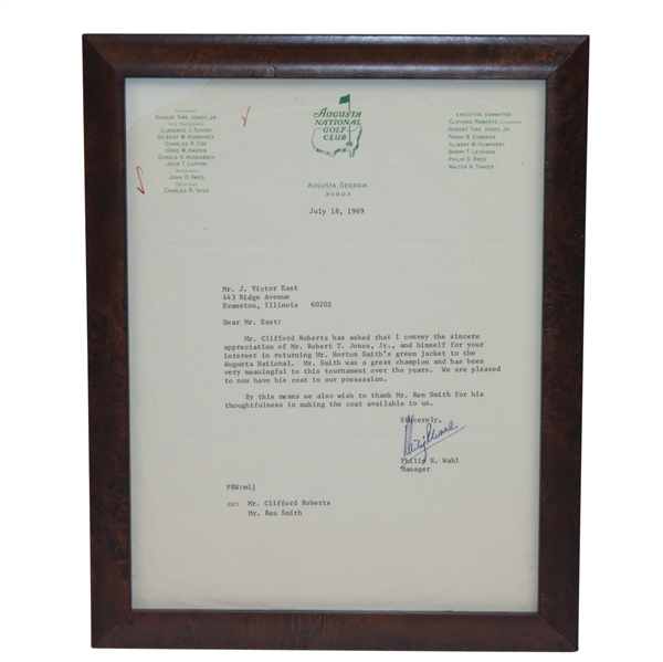 1969 Augusta National Letter - HORTON SMITH JACKET RETURNED to CLUB CONTENT - Philip Wahl Signed