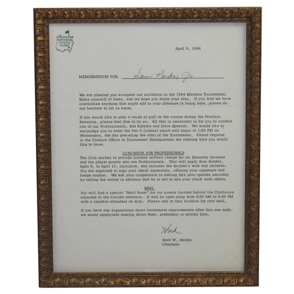 1984 Augusta National Invitation Acceptance Letter for Sam Parks Jr.
