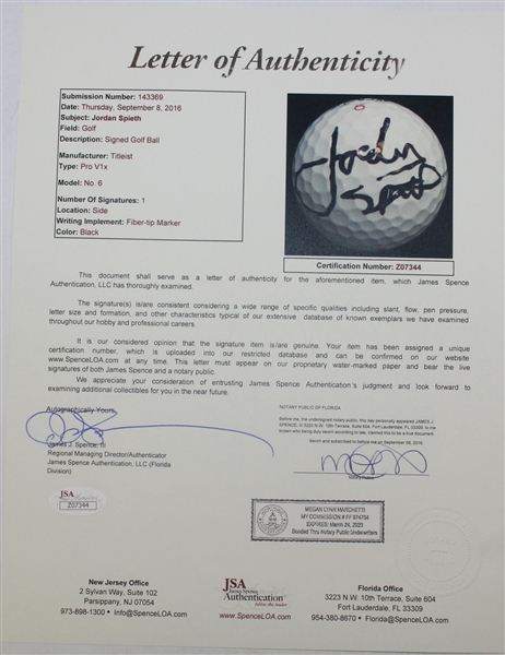 Jordan Spieth Signed Golf Ball - Full Signature JSA #Z07344
