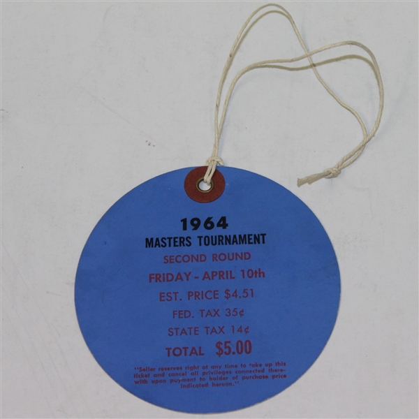 1964 Masters Tournament Friday Ticket #4107