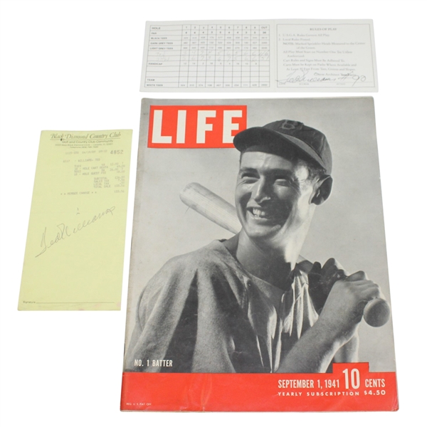 Ted Williams Signed Match Used Scorecard & Club Receipt Plus 1941 Life Magazine JSA ALOA