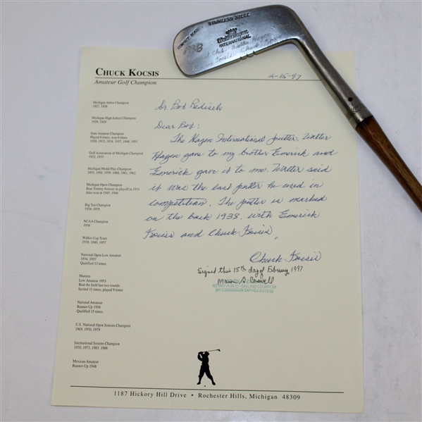 Walter Hagen LAST USED Personal Putter with Letter of Provenance from Chuck Kocsis JSA ALOA