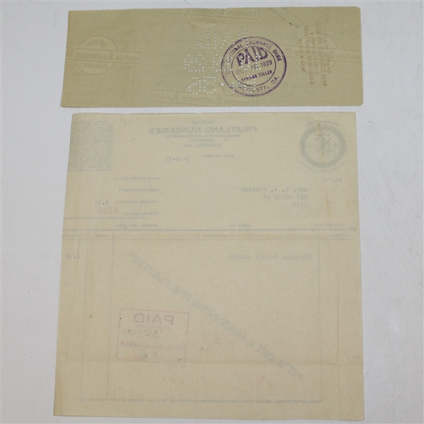 Fruitland Nurseries Check (1929) and Invoice (1931) - Augusta Grounds Founded Upon