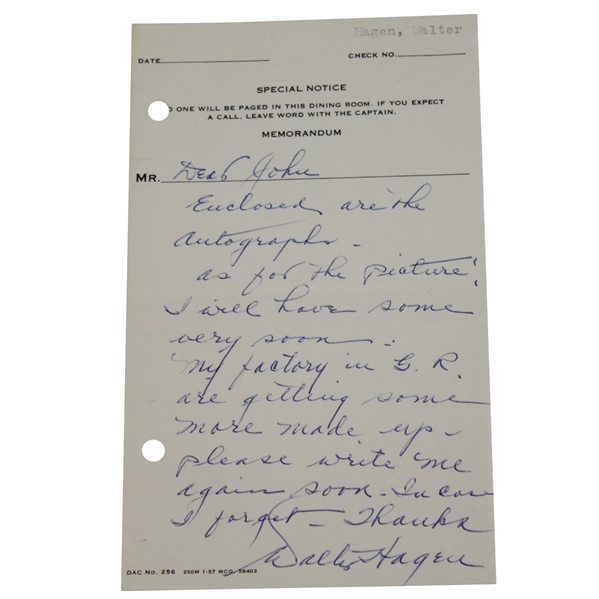 Walter Hagen Handwritten Note with Full Signature JSA ALOA