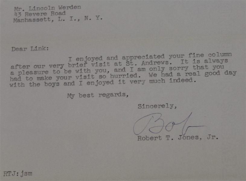 Bobby Jones 1956 Letter to Lincoln Werden on Letterhead - Signed 'Bob' JSA ALOA