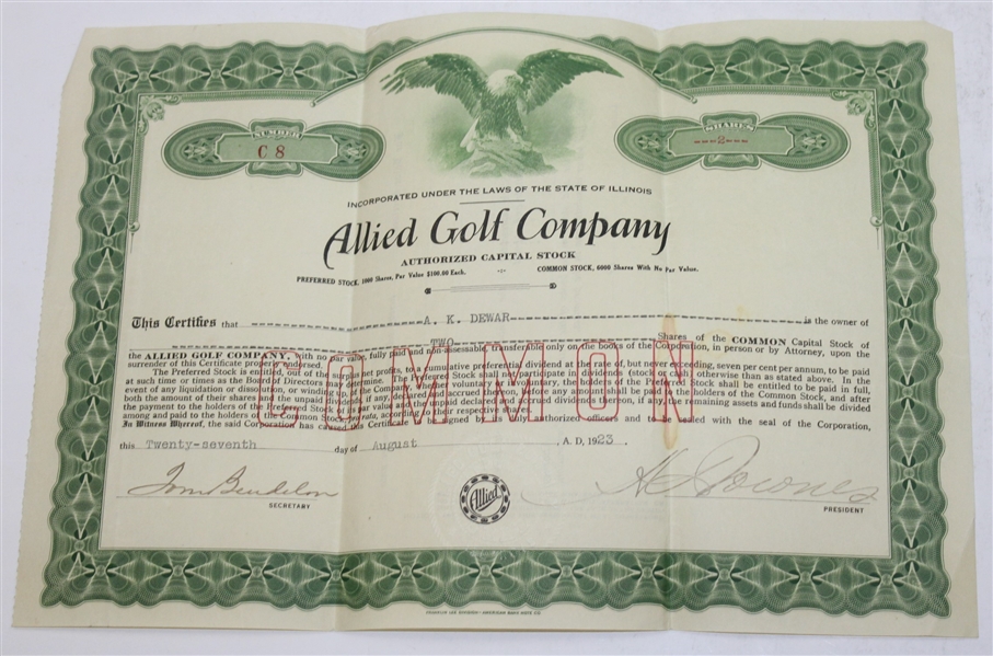 Two 1923 Allied Golf Company Stock Certificates Signed by Tom Bendelow Plus Letter JSA ALOA