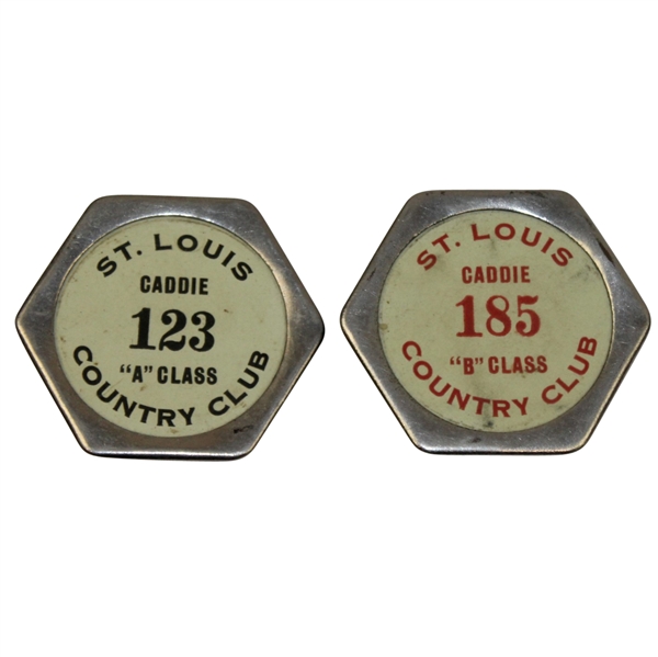 Lot of Two St. Louis Country Club Caddy Badges - A Class #123 & B Class #185