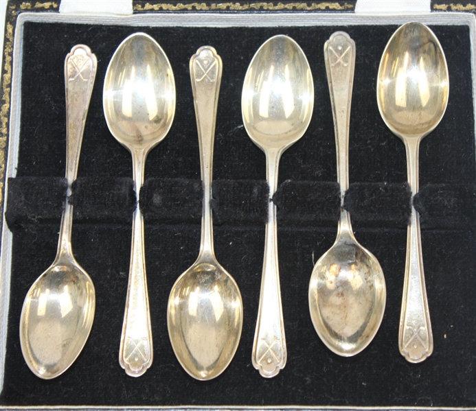 Lot of 6 Sterling Spoons with Crossed Clubs and Ball Theme in Original Box