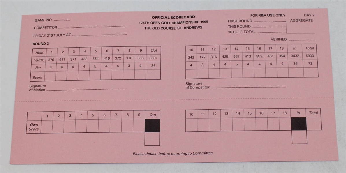 Arnold Palmer Signed 1995 Open Championship St. Andrews Scorecard - Last Open JSA ALOA