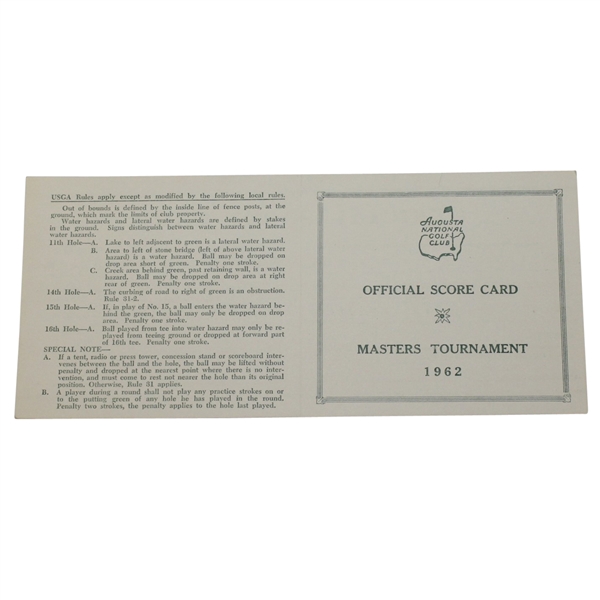 1962 Masters Tournament Official Scorecard - Palmer's 3rd Masters Victory