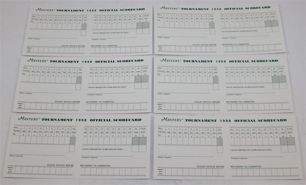 Lot of Six 1998 Masters Tournament Official Scorecards with Original Envelope
