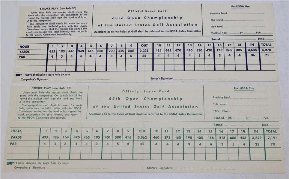 1963 & 1965 US Open Tournament Official Scorecards