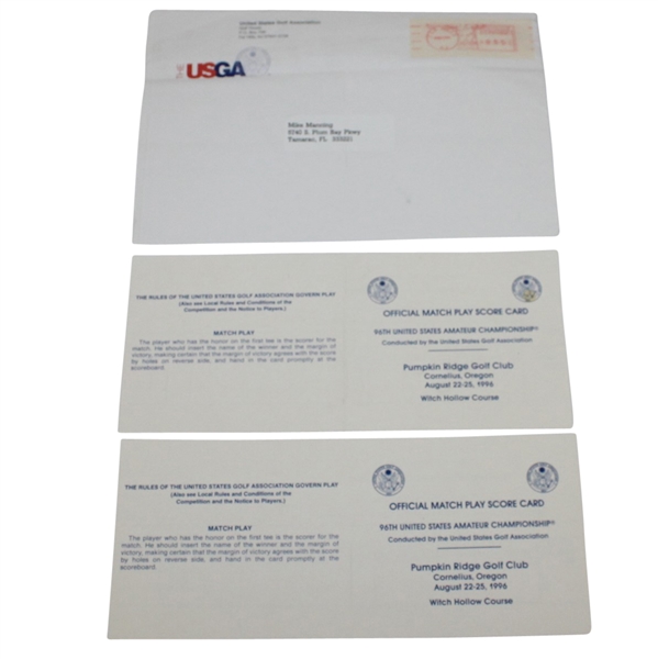 Two 1996 US Amateur Championship at Pumpkin Ridge Official Scorecards with Envelope