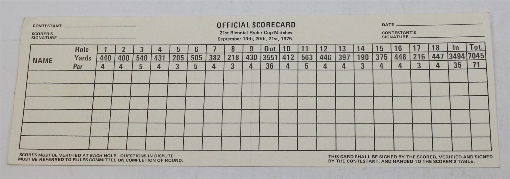 1975 Ryder Cup Official Tournament Scorecard