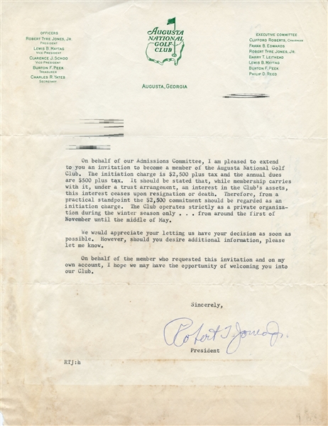 1960's Augusta National Membership Invitation Signed by Bobby Jones - Unparalleled Opportunity- JSA ALOA