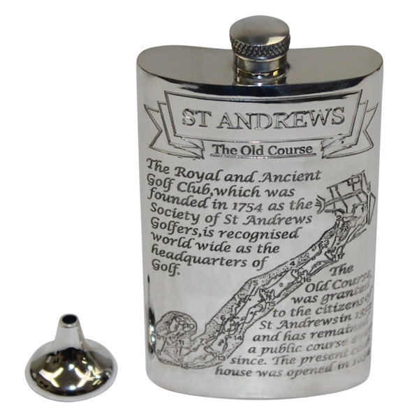 St. Andrews 'The Old Course' Pewter Flask with Course Layout - Excellent Condition with Funnel