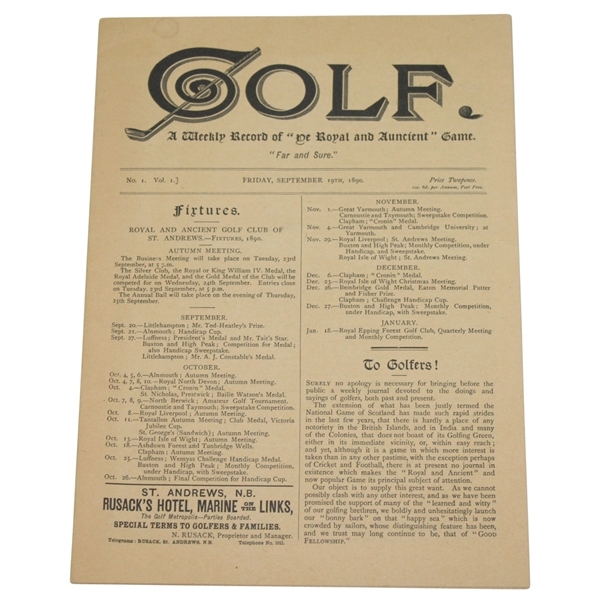 1890 Golf Weekly Record of Ye Royal and Auncient Game - September 19