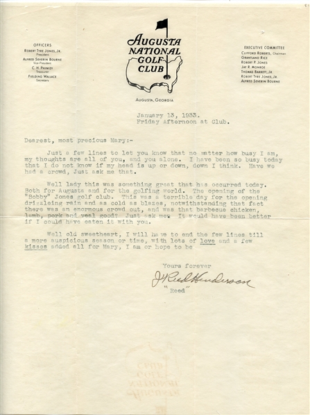 Jan. 13, 1933 Augusta National Opening Day- Letter on Earliest Known ANGC Paper-Significant Content!