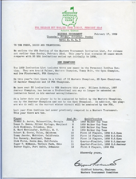 1959 Augusta National February Press Release of Cliff Roberts -Announces Jack Nicklaus' 1st Invite To Play & Palmer Permanent Spot 